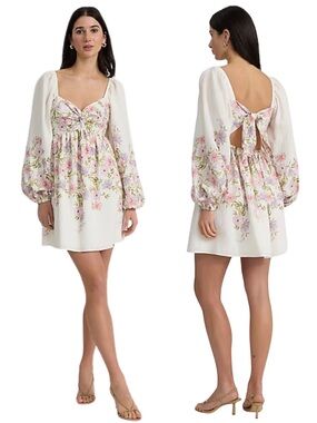 Express NWT Floral Balloon Sleeve Babydoll Mini Dress S Sweetheart Open Back